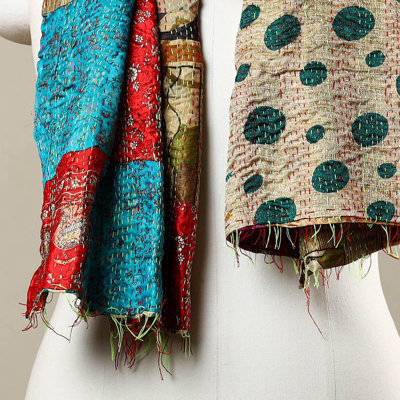 Multicolor - Reversible Patchwork Silk Bengal Kantha Stitch Stole 167