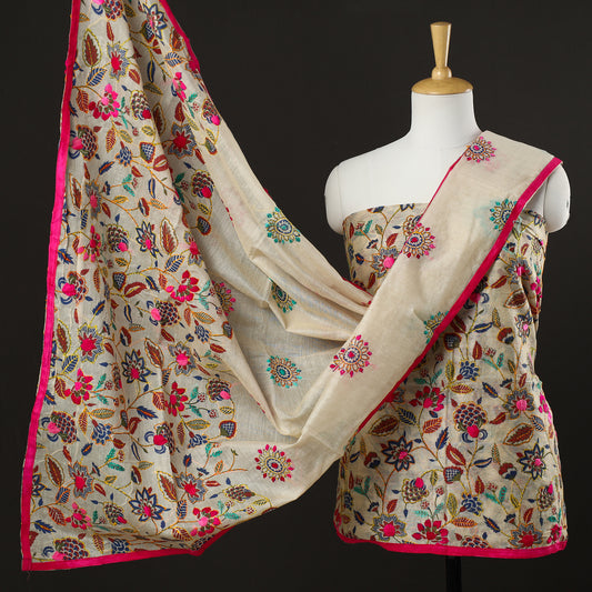Beige - 3pc Phulkari Embroidery Chanderi Silk Printed Suit Material Set 84
