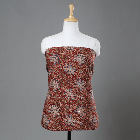 Red - Kalamkari Block Printed Sequin Work Cotton Kurta Material - 2.6 Meter