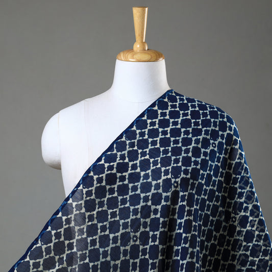 Blue - Ajrakh Block Printed Natural Dyed Chanderi Silk Fabric 13