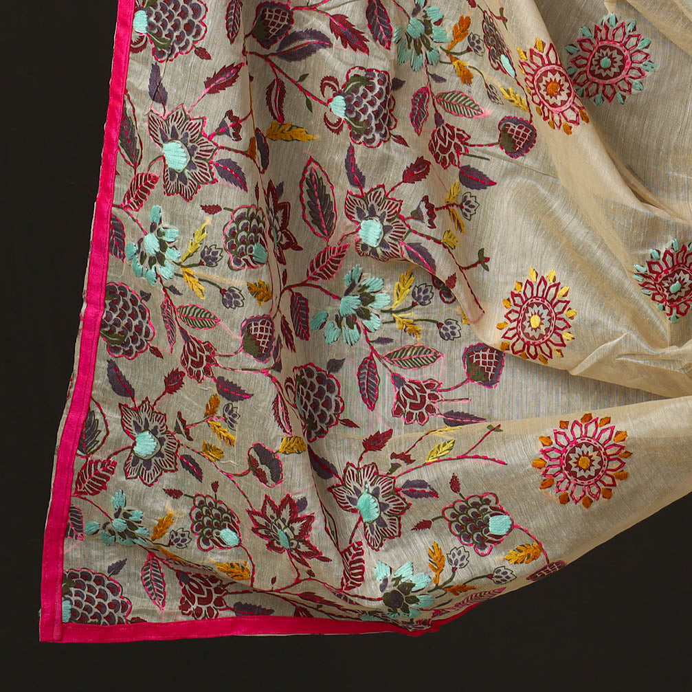Beige - 3pc Phulkari Embroidery Chanderi Silk Printed Suit Material Set 85