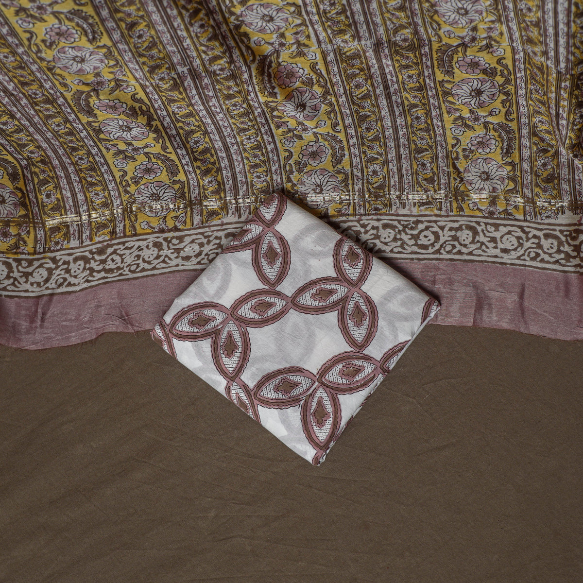 Chanderi Silk Sanganeri Hand Block Print Unstitched Dress Material: Kurta, Bottom with Dupatta 01