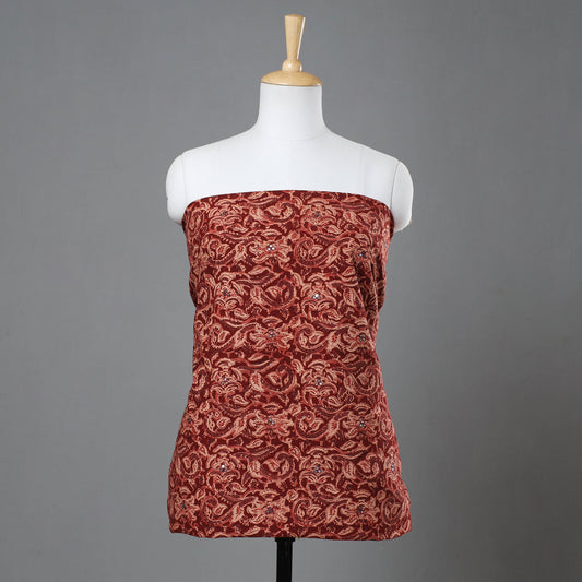 Red - Kalamkari Block Printed Sequin Work Cotton Kurta Material - 3 Meter