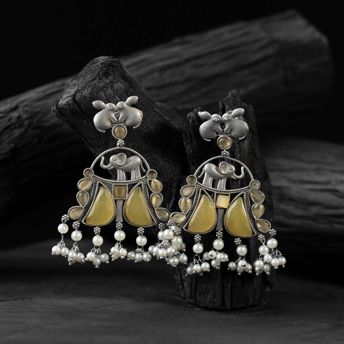Yellow - saanjh bela rabbit & elephant oxidised earrings