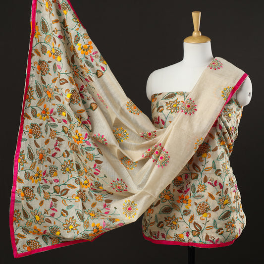Beige - 3pc Phulkari Embroidery Chanderi Silk Printed Suit Material Set 86