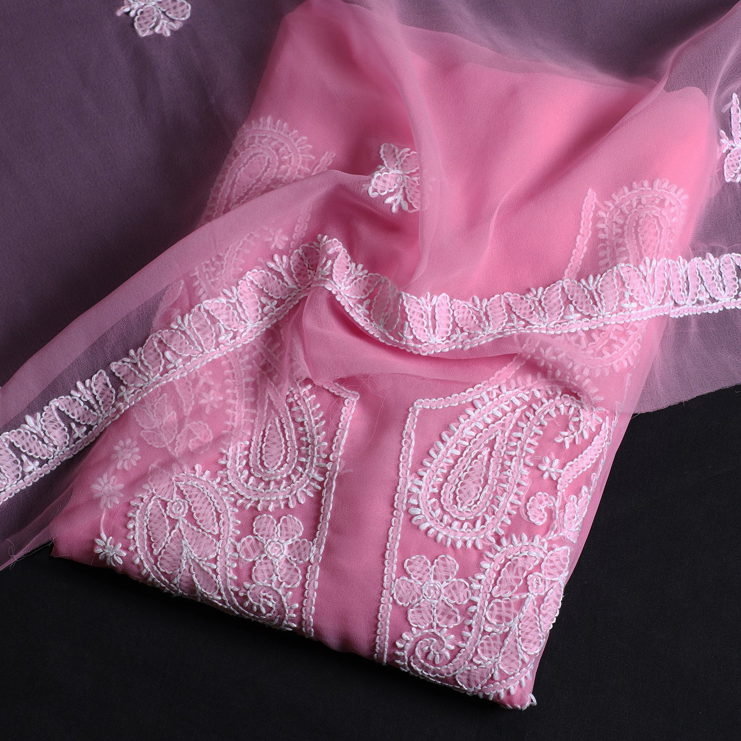 Pink - 3pc Lucknow Chikankari Hand Embroidery Georgette Suit Material Set 63