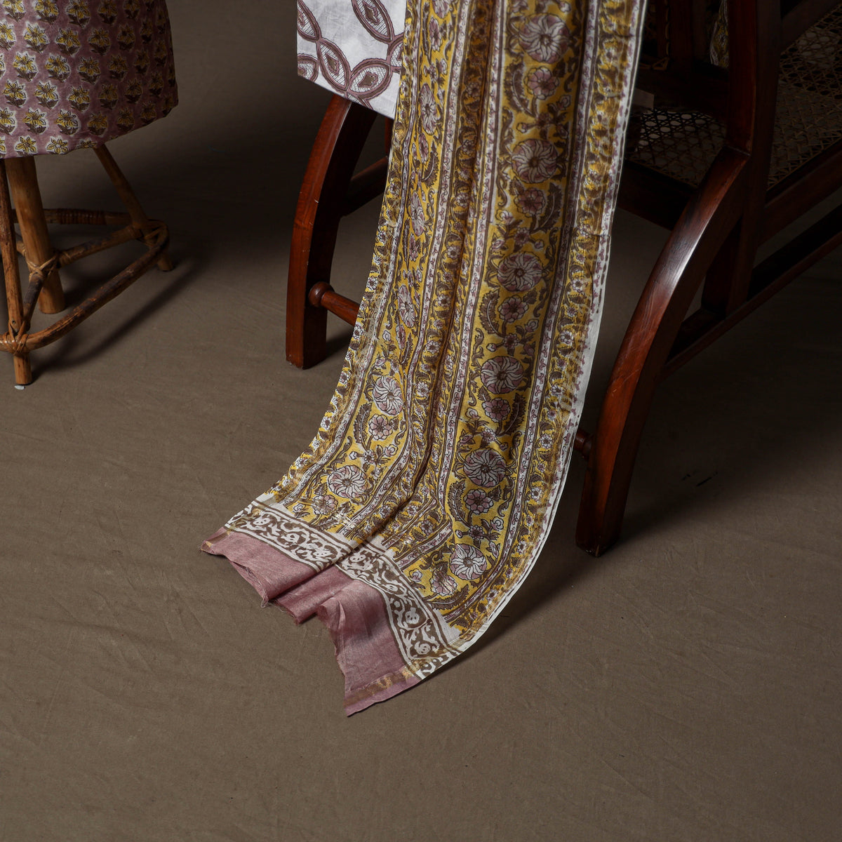 Chanderi Silk Sanganeri Hand Block Print Unstitched Dress Material: Kurta, Bottom with Dupatta 01