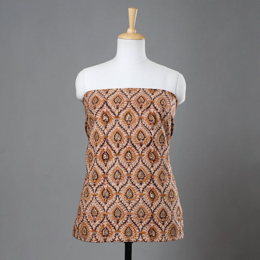 Brown - Kalamkari Block Printed Sequin Work Cotton Kurta Material - 3 Meter
