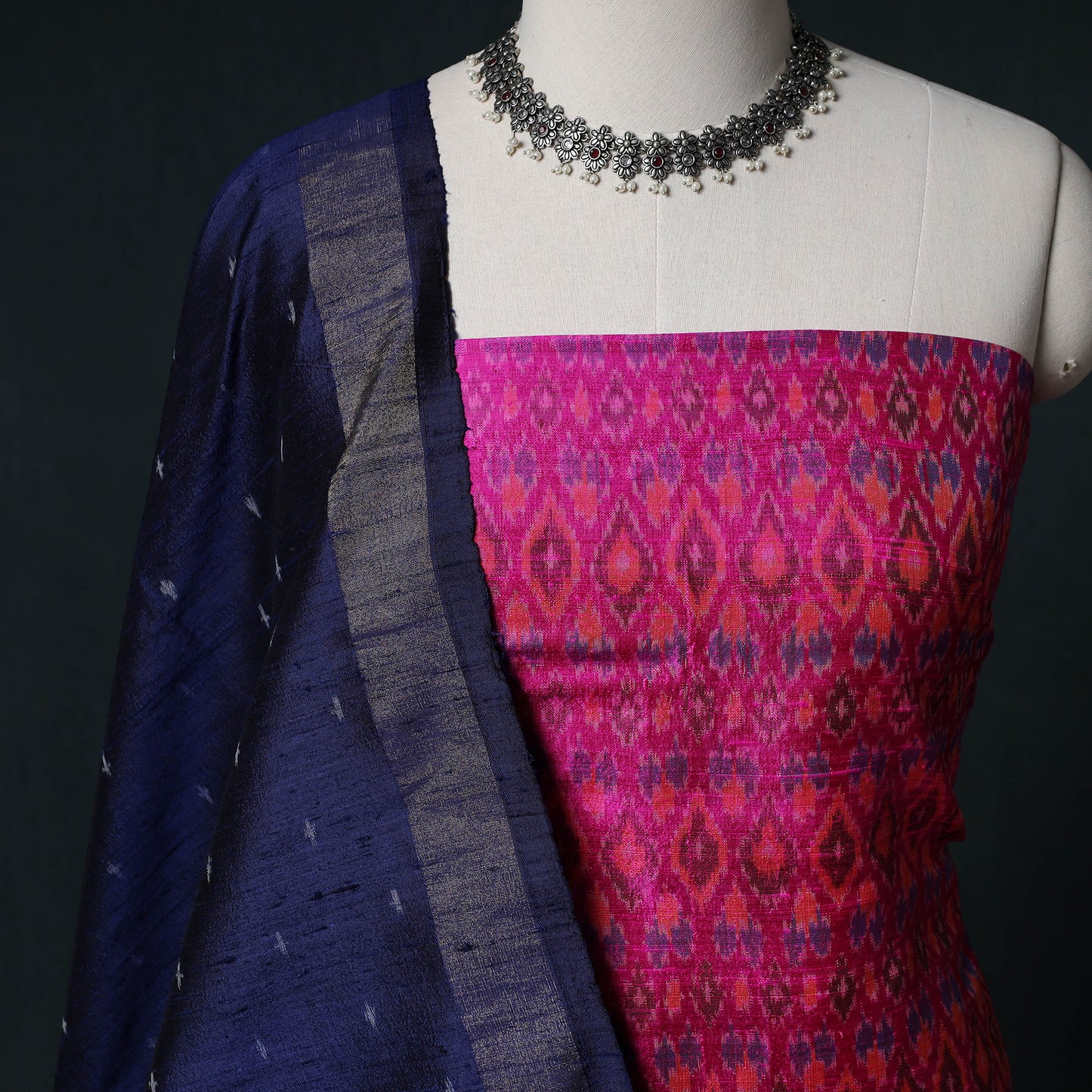 Pochampally Ikat Handwoven Pure Silk 2pc Unstitched Dress Material Kurta Set 10