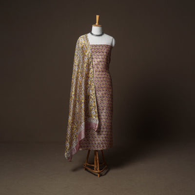 Chanderi Silk Sanganeri Hand Block Print Unstitched Dress Material: Kurta, Bottom with Dupatta 01