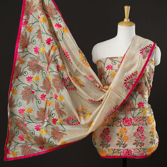 Beige - 3pc Phulkari Embroidery Chanderi Silk Printed Suit Material Set 87