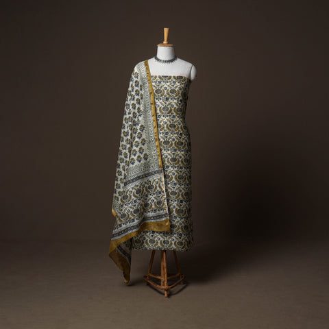 Chanderi Silk Sanganeri Hand Block Print Unstitched Dress Material: Kurta, Bottom with Dupatta 02