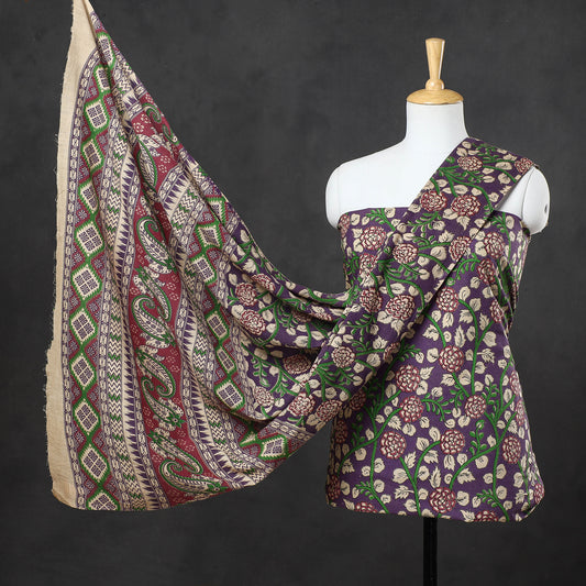 Purple - 2pc Kalamkari Printed Cotton Suit Material Set