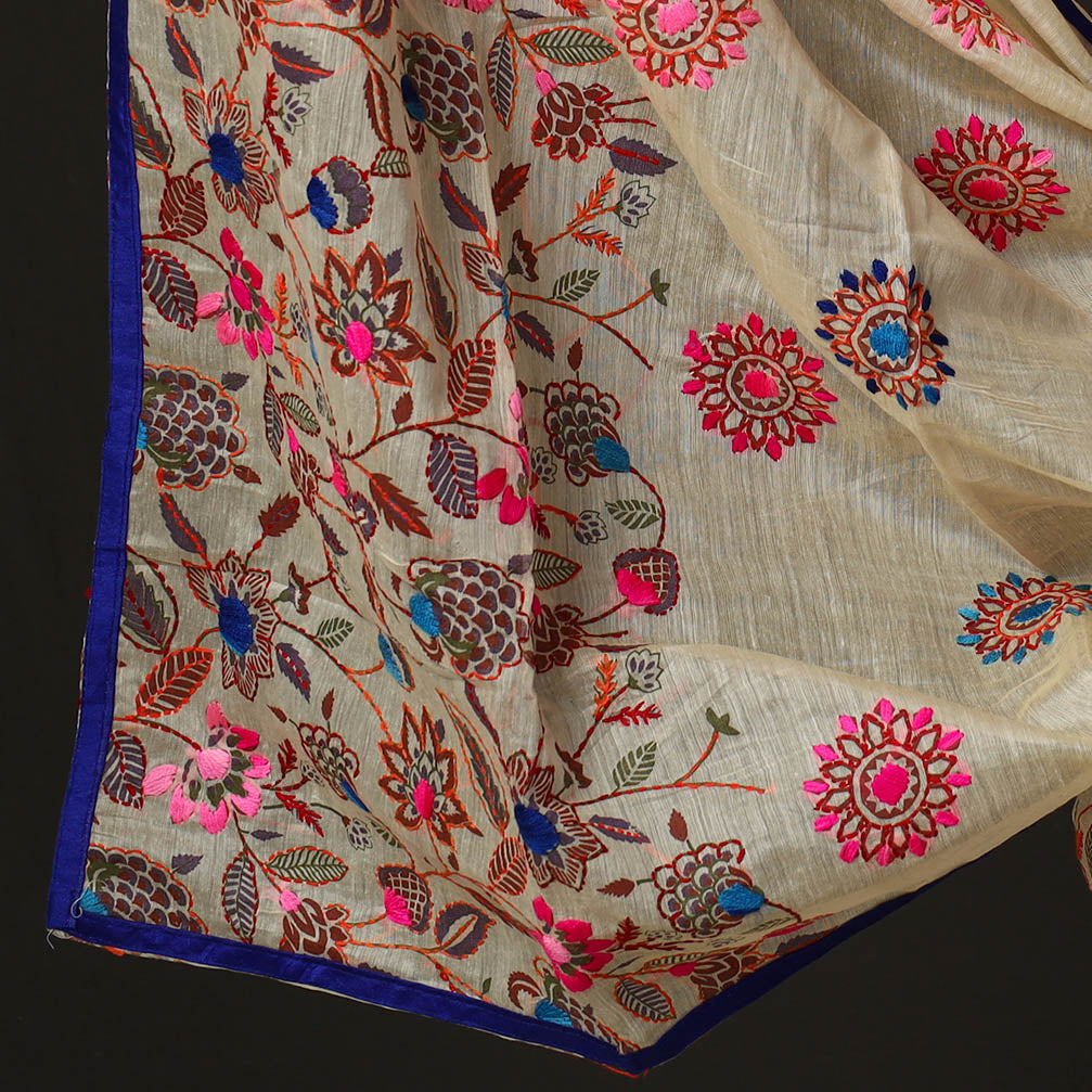Beige - 3pc Phulkari Embroidery Chanderi Silk Printed Suit Material Set 88