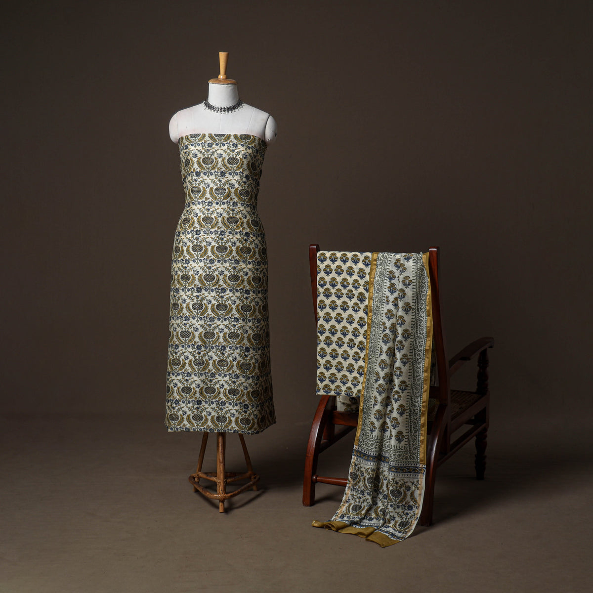 Chanderi Silk Sanganeri Hand Block Print Unstitched Dress Material: Kurta, Bottom with Dupatta 02