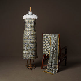 Chanderi Silk Sanganeri Hand Block Print Unstitched Dress Material: Kurta, Bottom with Dupatta 02