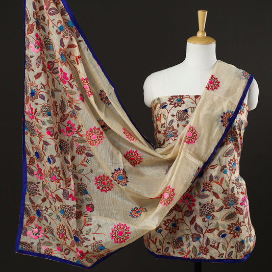 3pc Phulkari Embroidery Chanderi Silk Printed Suit Material Set 88