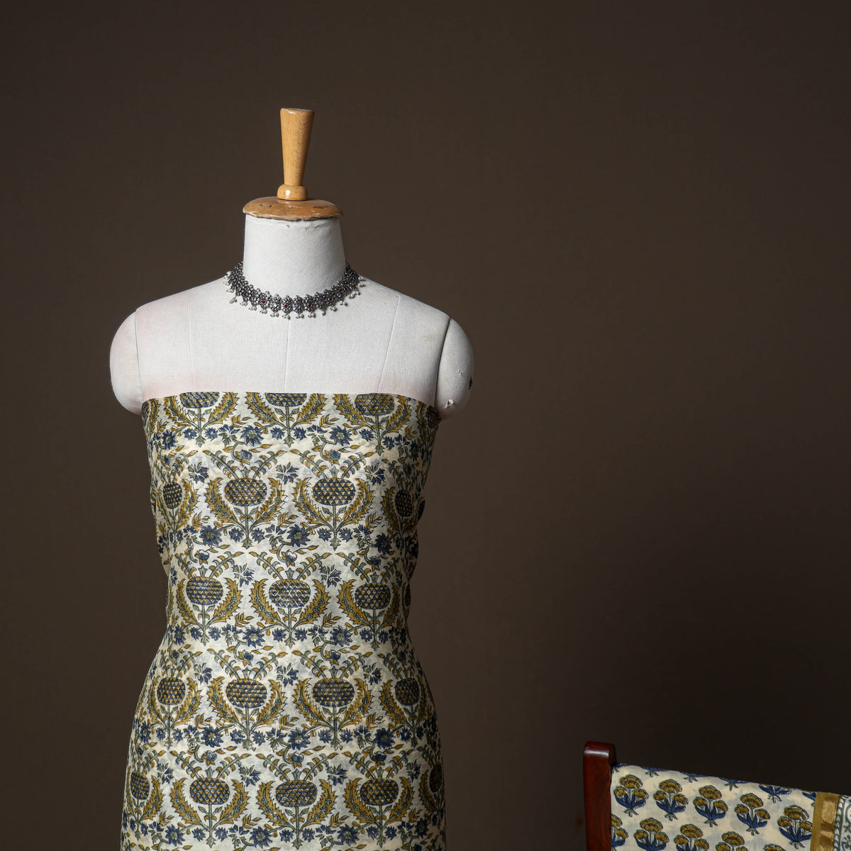 Chanderi Silk Sanganeri Hand Block Print Unstitched Dress Material: Kurta, Bottom with Dupatta 02