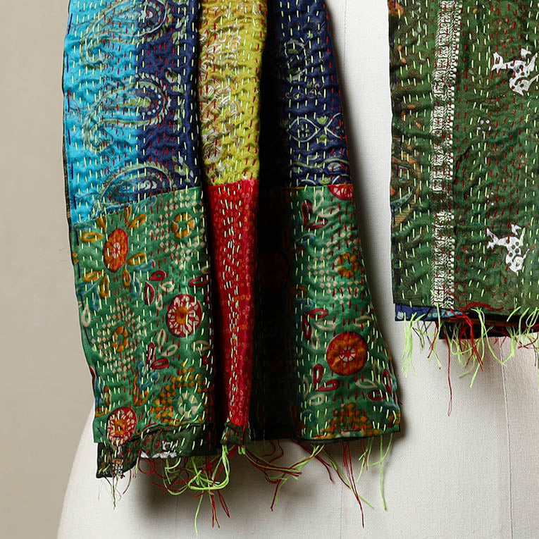 Multicolor - Reversible Patchwork Silk Bengal Kantha Stitch Stole 121