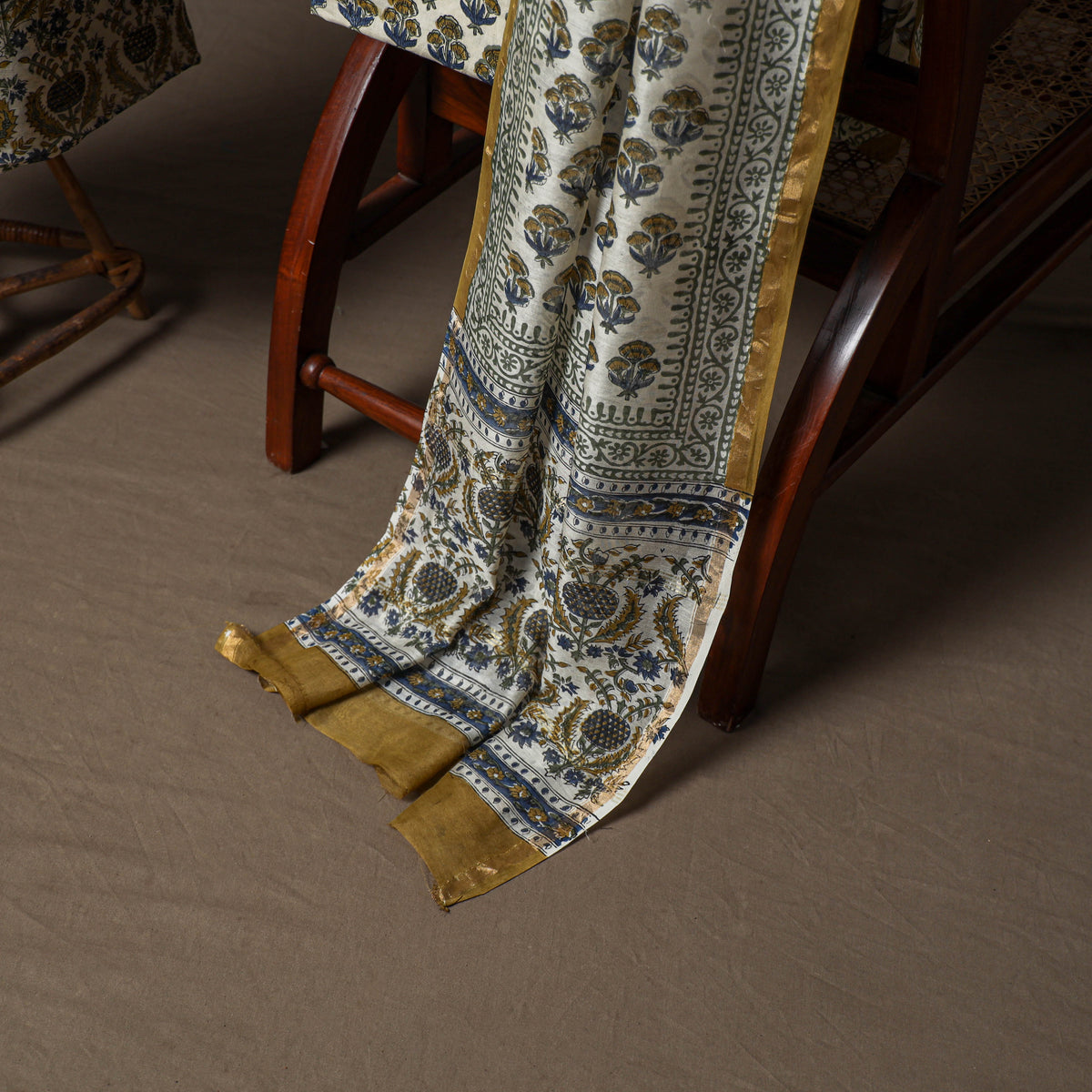 Chanderi Silk Sanganeri Hand Block Print Unstitched Dress Material: Kurta, Bottom with Dupatta 02