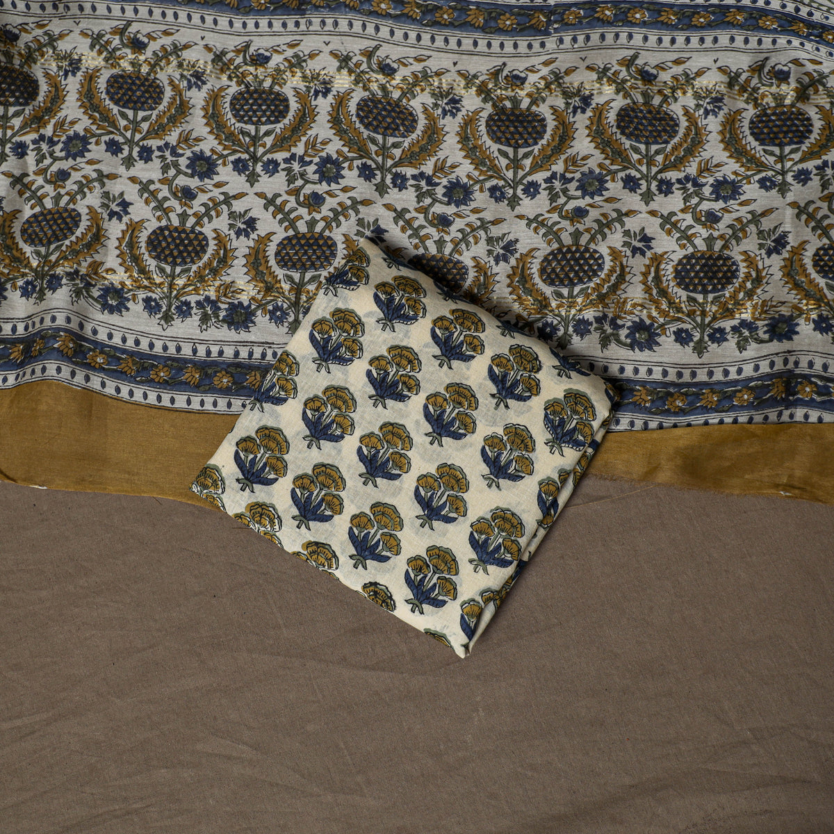 Chanderi Silk Sanganeri Hand Block Print Unstitched Dress Material: Kurta, Bottom with Dupatta 02