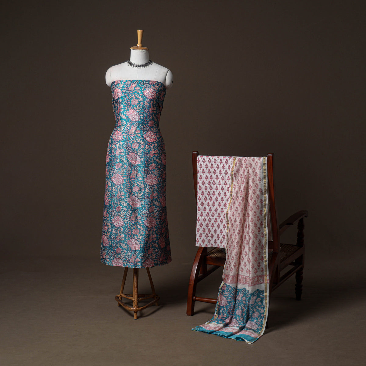 Chanderi Silk Sanganeri Hand Block Print Unstitched Dress Material: Kurta, Bottom with Dupatta 03