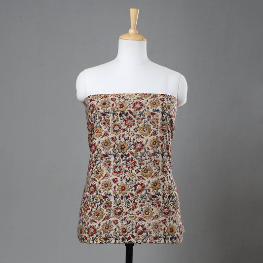 Beige - Kalamkari Block Printed Sequin Work Cotton Kurta Material - 2.2 Meter