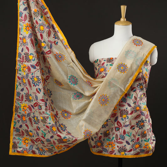 Beige - 3pc Phulkari Embroidery Chanderi Silk Printed Suit Material Set 89