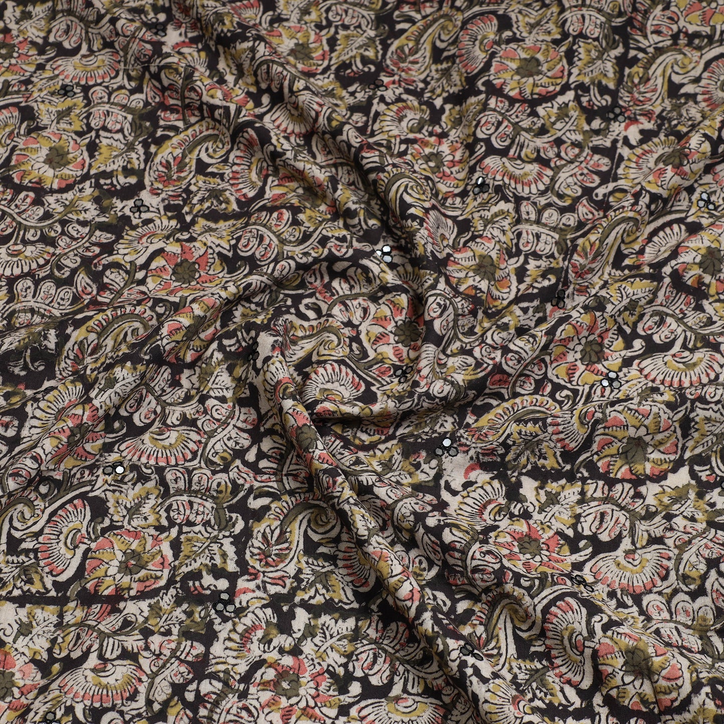 Multicolor - Kalamkari Block Printed Sequin Work Cotton Kurta Material - 2.7 Meter