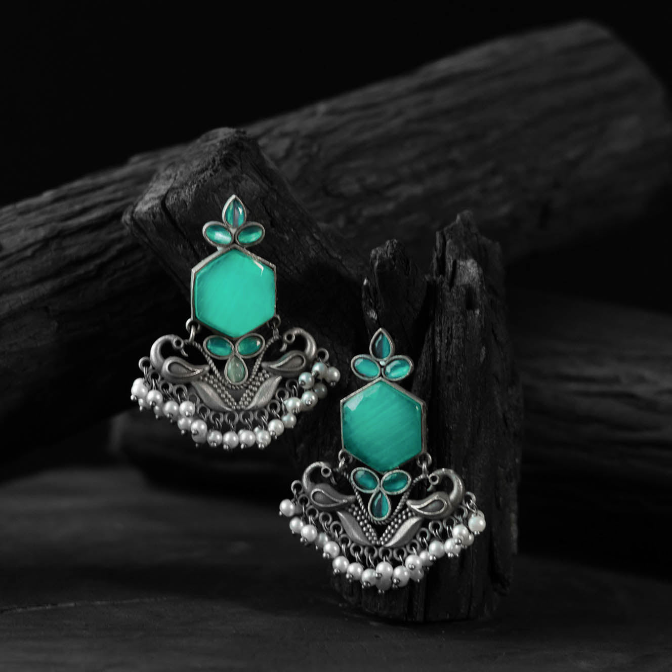 Sea green - saanjh bela peacock oxidised earrings