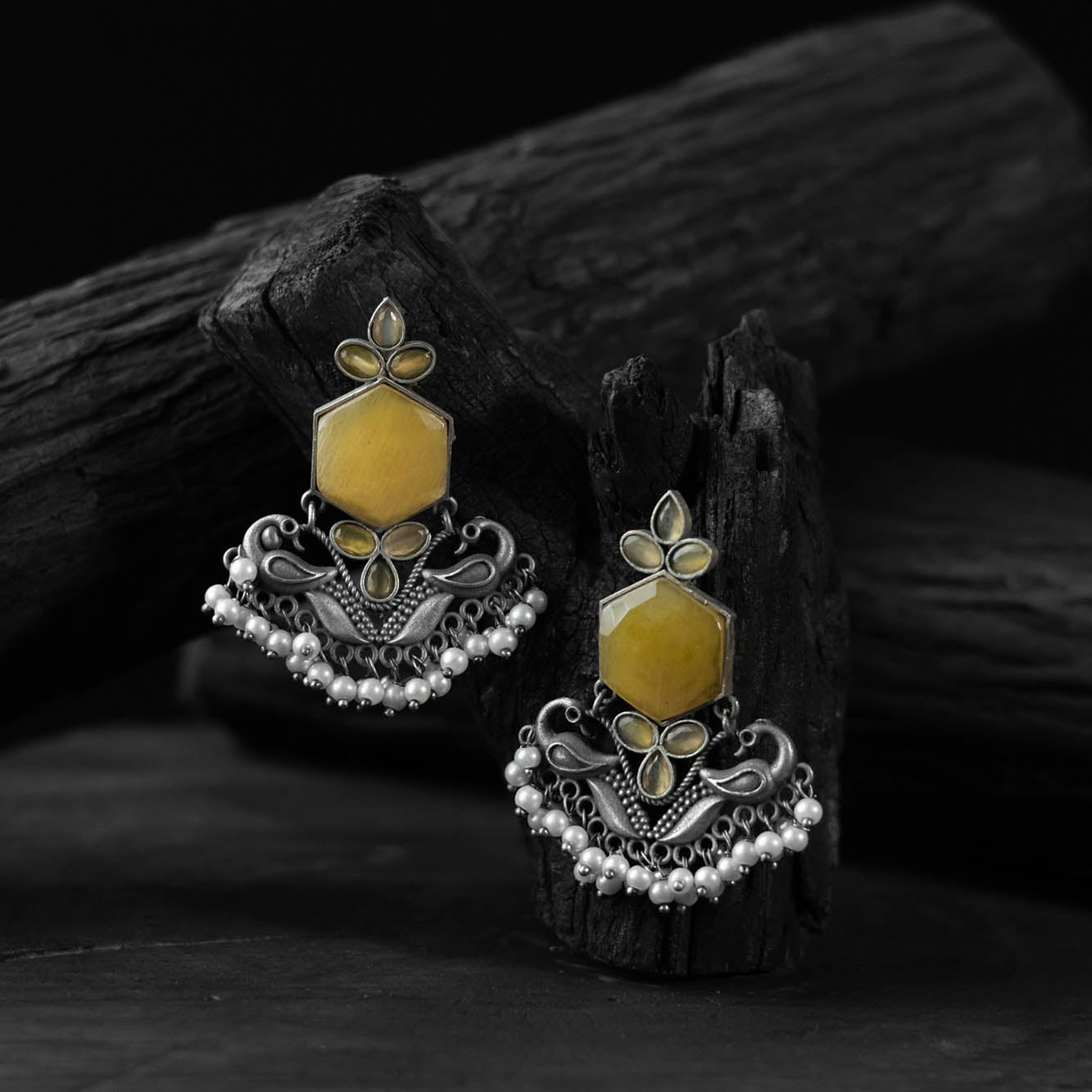 Yellow - saanjh bela peacock oxidised earrings - handcrafted