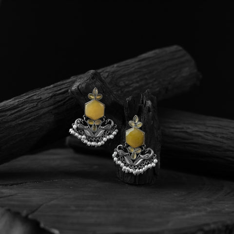 Yellow - saanjh bela peacock oxidised earrings - handcrafted