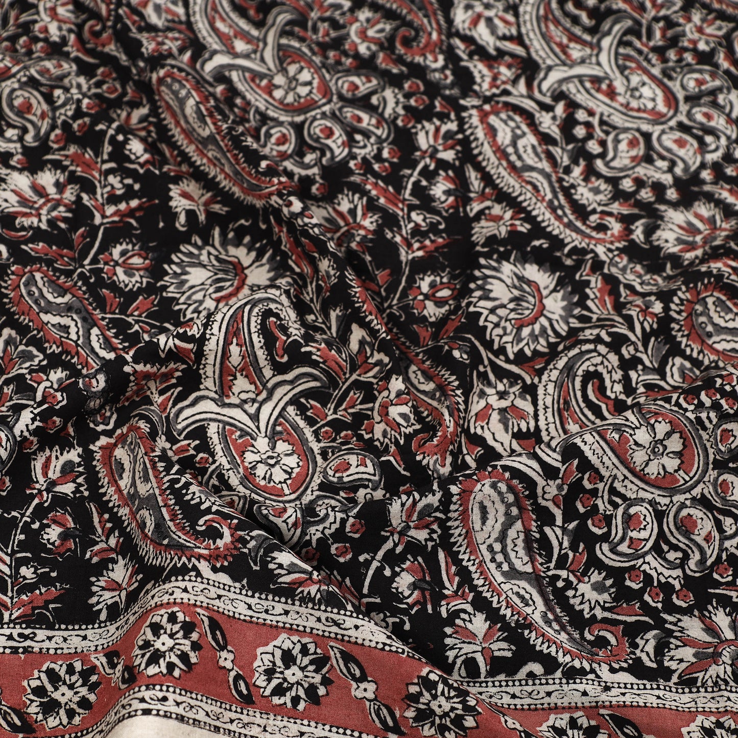 Black - Pedana Kalamkari Block Printed Natural Dyed Cotton Scarf 96