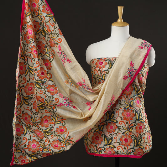Beige - 3pc Phulkari Embroidery Chanderi Silk Printed Suit Material Set 90