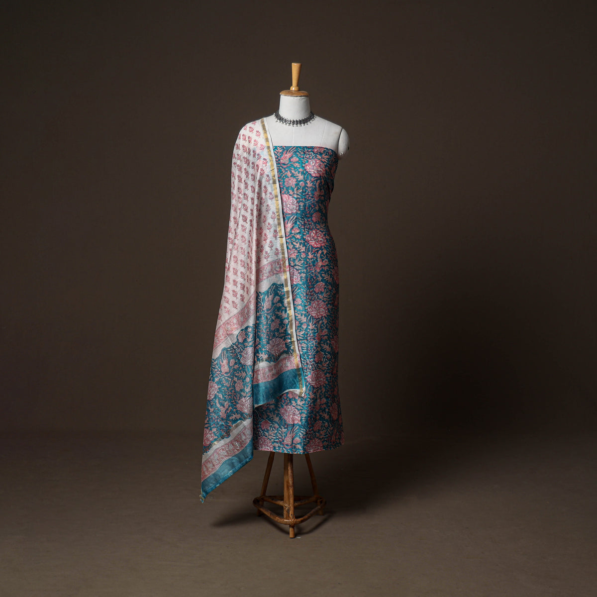 Chanderi Silk Sanganeri Hand Block Print Unstitched Dress Material: Kurta, Bottom with Dupatta 03