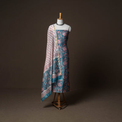Chanderi Silk Sanganeri Hand Block Print Unstitched Dress Material: Kurta, Bottom with Dupatta 03