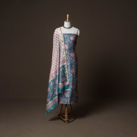 Chanderi Silk Sanganeri Hand Block Print Unstitched Dress Material: Kurta, Bottom with Dupatta 03