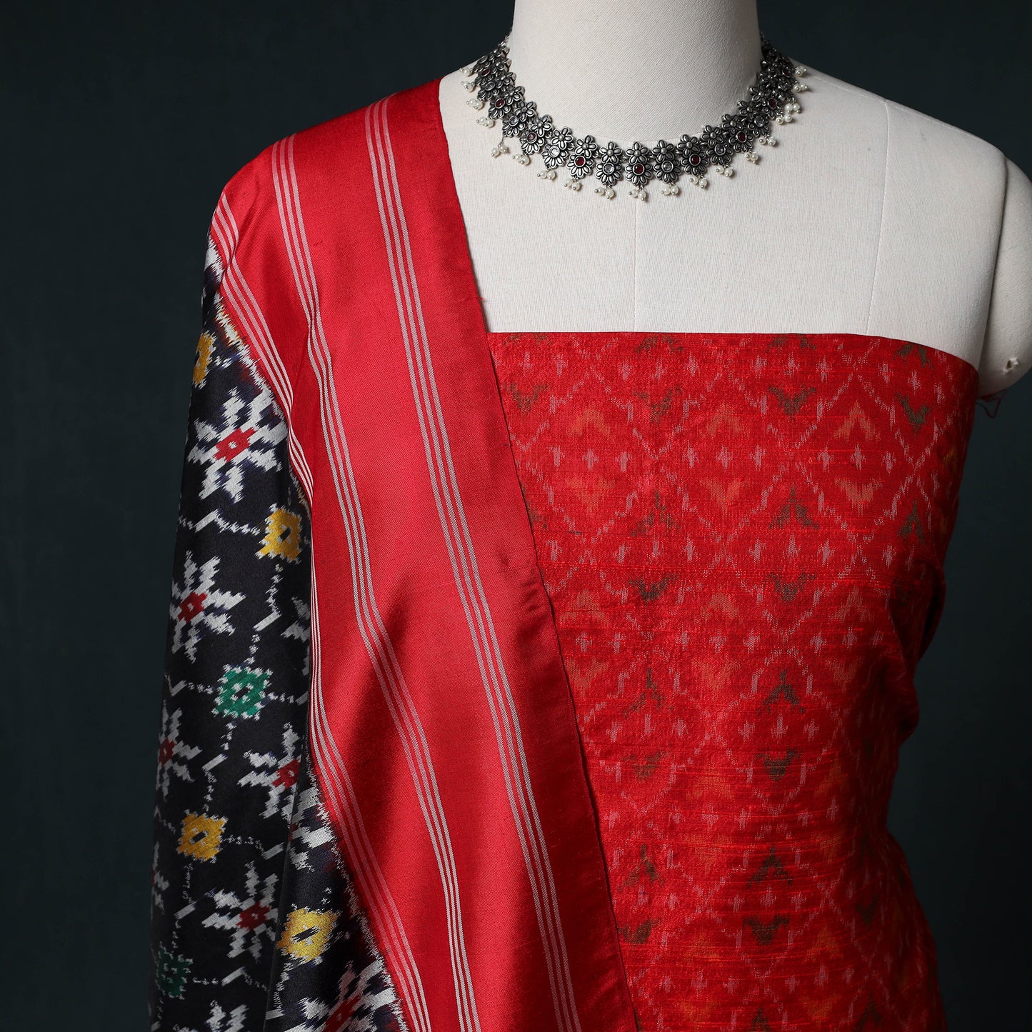 Pochampally Ikat Handwoven Pure Silk 2pc Unstitched Dress Material Kurta Set 13