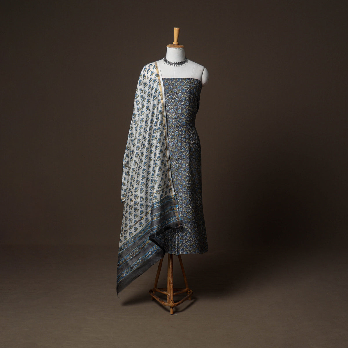 Chanderi Silk Sanganeri Hand Block Print Unstitched Dress Material: Kurta, Bottom with Dupatta 04