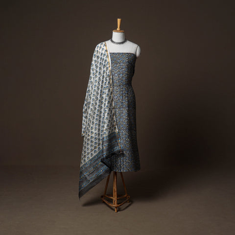 Chanderi Silk Sanganeri Hand Block Print Unstitched Dress Material: Kurta, Bottom with Dupatta 04