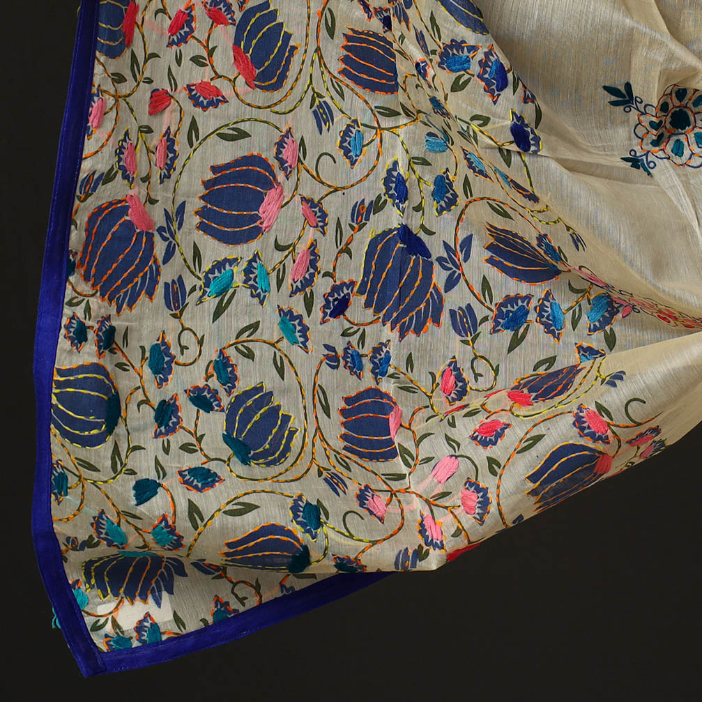 Beige - 3pc Phulkari Embroidery Chanderi Silk Printed Suit Material Set 91