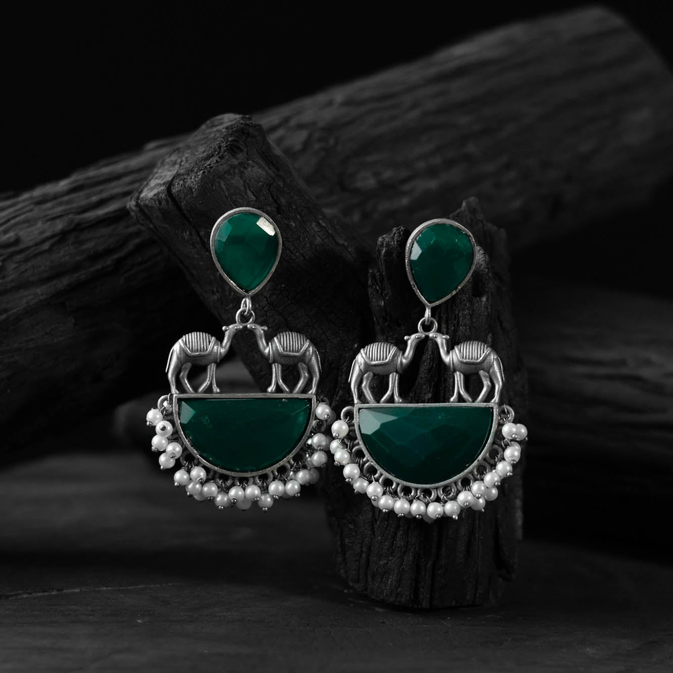Green - saanjh bela camel oxidised earrings - handcrafted