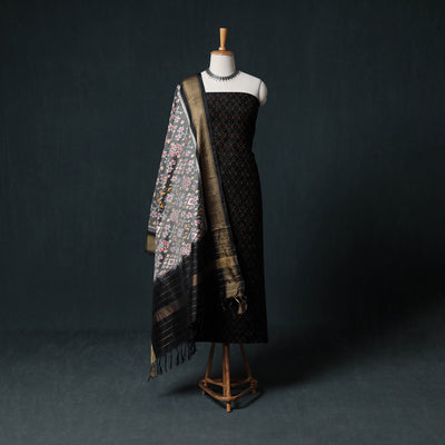 Pochampally Ikat Handwoven Pure Silk 2pc Unstitched Dress Material Kurta Set 14