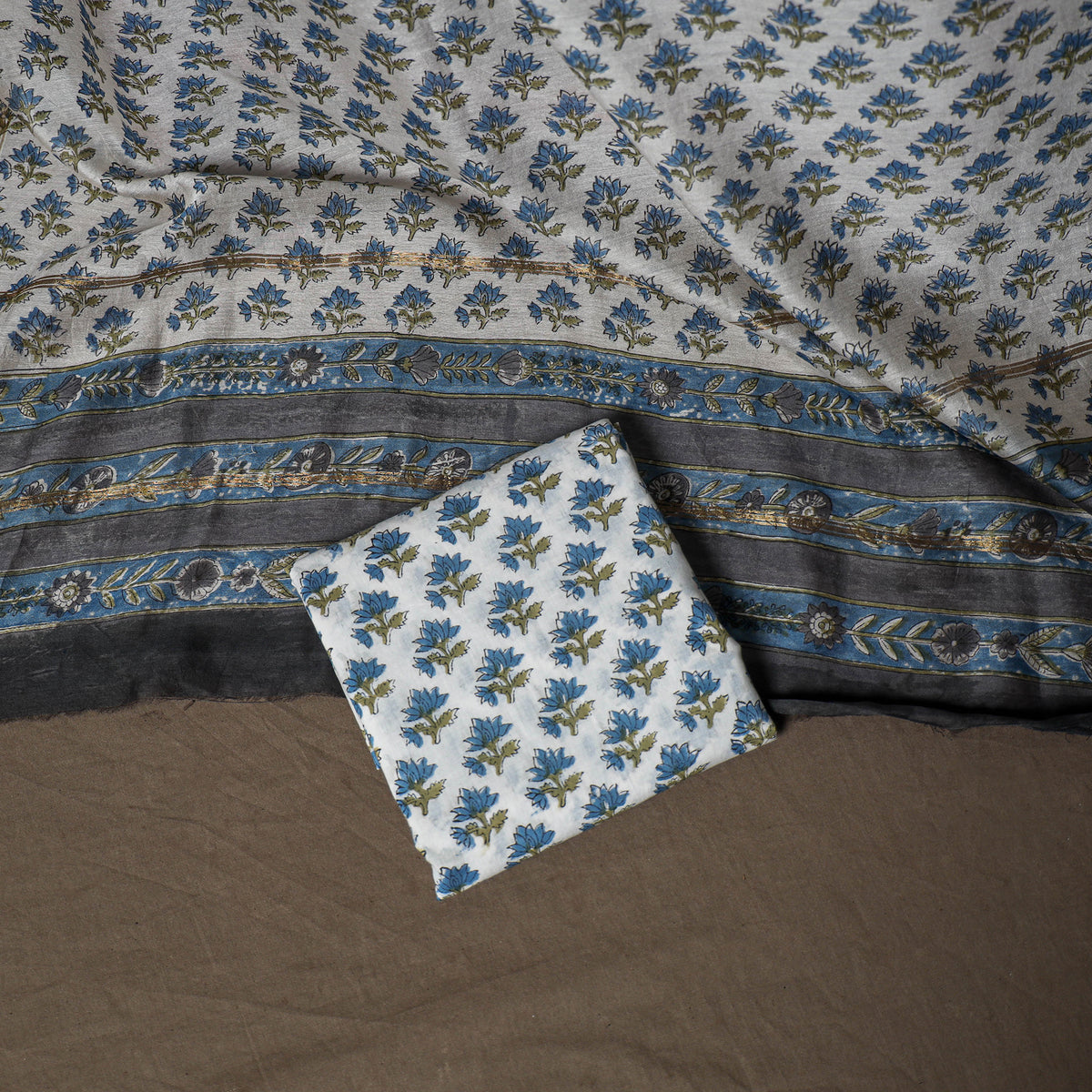 Chanderi Silk Sanganeri Hand Block Print Unstitched Dress Material: Kurta, Bottom with Dupatta 04