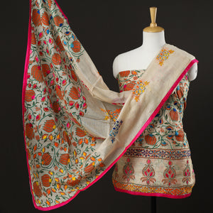 Beige - 3pc Phulkari Embroidery Chanderi Silk Printed Suit Material Set 92