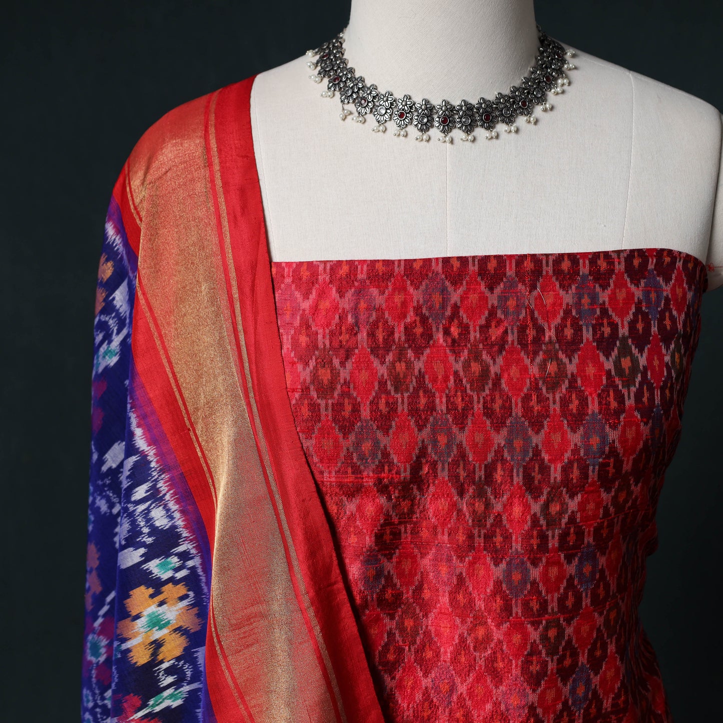 Pochampally Ikat Handwoven Pure Silk 2pc Unstitched Dress Material Kurta Set 15