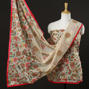 Beige - 3pc Phulkari Embroidery Chanderi Silk Printed Suit Material Set 93