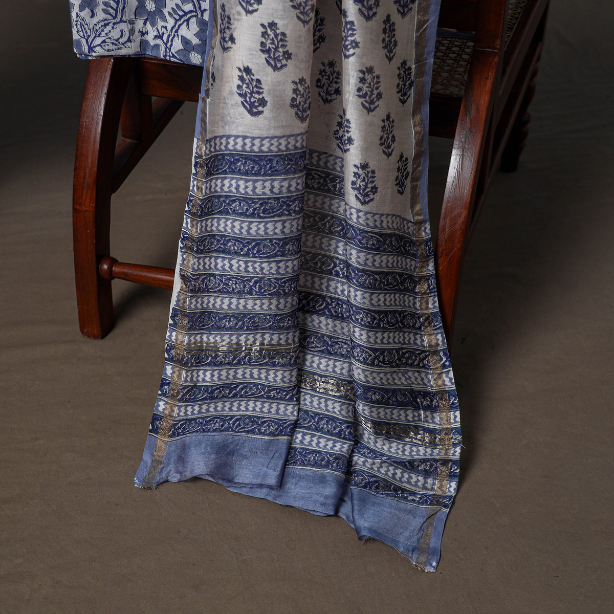 Chanderi Silk Sanganeri Hand Block Print Unstitched Dress Material: Kurta, Bottom with Dupatta 05