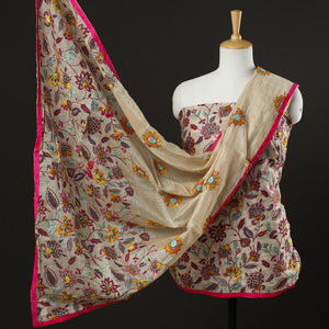 Beige - 3pc Phulkari Embroidery Chanderi Silk Printed Suit Material Set 94
