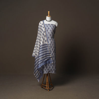 Chanderi Silk Sanganeri Hand Block Print Unstitched Dress Material: Kurta, Bottom with Dupatta 05
